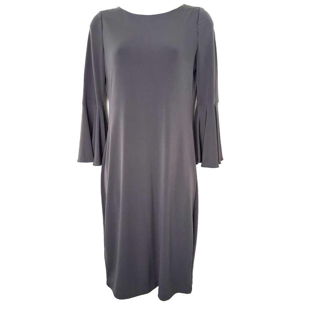 Calvin Klein Size 2 Liquid Knit Shift Midi Dress Bell Sleeves Minimalist Neutral